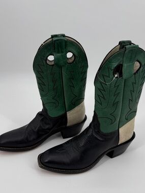 Vintage Olathe Western Boots USA Made Black Green Leather Men 10 B  Women 11.5